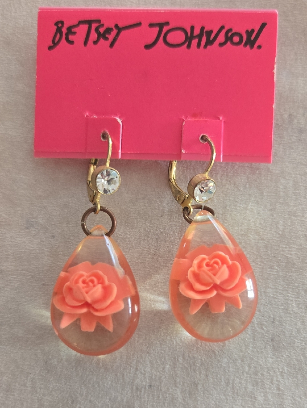 Betsey Johnson Coral Rose Teardrop Dangle Earrings